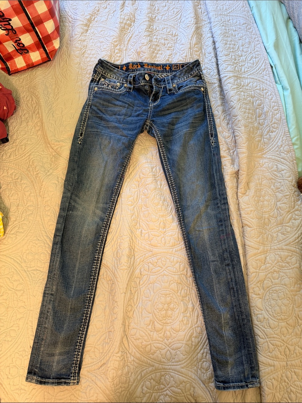 Rock Revival Women's Medium Blue Skinny Jeans with Whiskering